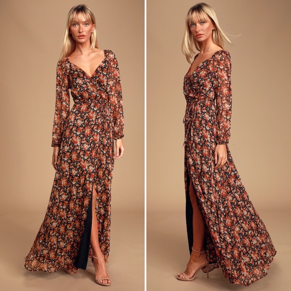 Lulus Dresses & Skirts - LULUS True to Love Black and Red Floral Print Chiffon Wrap Maxi Dress Size Large